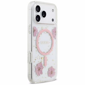 Guess Resin Flowers Glitter MagSafe dėklas iPhone 17 Pro Max rožinės spalvos