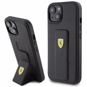 Ferrari Grip Stand Metal Logo dėklas iPhone 15 – juodas