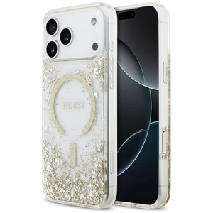 Guess Resin Bottom Glitter MagSafe dėklas, skirtas iPhone 18 Pro Max / 17 Pro Max, auksinis