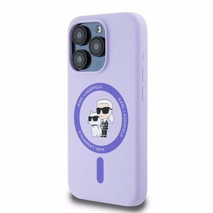 Karl Lagerfeld silikoninis Karl&Choupette galvų žiedas Magnetinis dėklas iPhone 15 Pro - Violetinis