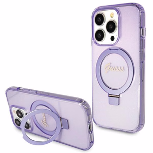 Guess dėklas telefonui su stovu Ring Stand Script Glitter magnetinis iPhone 15 Pro - violetinis