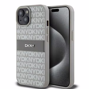 DKNY Odinis mono juosta ir metalinis logotipas dėklas telefonui iPhone 15 / 14 / 13 - smėlio