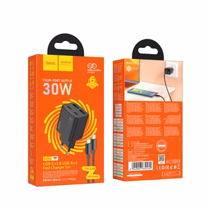 Įkroviklis telefonui Hoco 2 x USB C + 2 x USB A QC3.0 PD 3A 30W + kabelis USB C į USB C N56 juodas