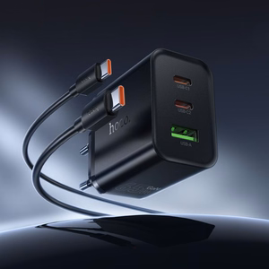 telefono įkroviklis Hoco 2x USB C + USB A QC3.0 PD 3A 65W + duomenų laidas USB C to USB C N75 juodas