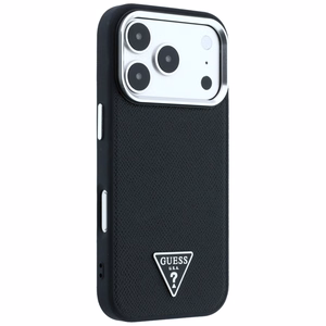 Guess Grained Triangle Logo MagSafe dėklas, skirtas iPhone 17 Pro / 18 Pro, juodas