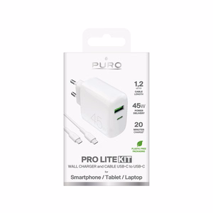Puro Daily Prolite 45W USB-C USB-A Power Delivery įkroviklis su USB-C kabeliu - baltas