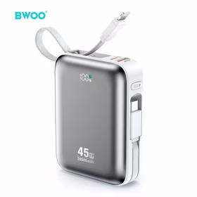 BWOO 20000mAh Fast Charging Išorinė baterija PD45W With 2 Cables Type C and Lightning P78 sidabrinis