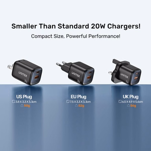 Unitek GaN tinklo įkroviklis USB-A ir USB-C 20W juodas