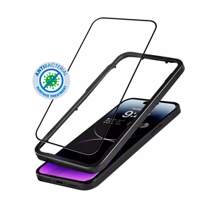 Crong Anti-Bacterial 3D Armor Glass 9H visą ekraną dengiantis grūdintas apsauginis stiklas, skirtas iPhone 14 Pro Max, su montavimo rėmeliu
