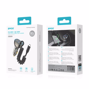 BWOO CC96C 30W PD car įkroviklis 1x USB-C 1x USB port with USB-C laidas pilkas