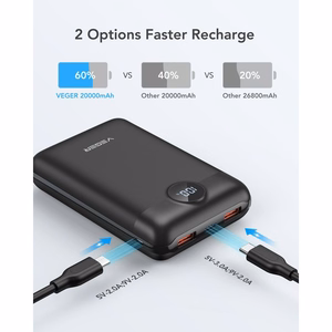 VEGER išorinė baterija 20000 mAh PD QC3.0 2A 22,5W S20 (W2053) juoda