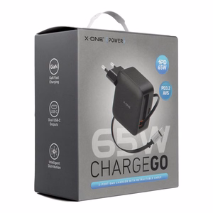 Kelioninis įkroviklis X-ONE ChargeGo GaN 65W su įtraukiamu laidu ir USB C prievadu – juodas