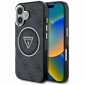 Guess IML Metal Glitter 4G Circle Triangle Magnetinis dėklas telefonui iPhone 16 - juodas