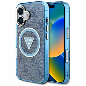 Guess IML Metal Glitter 4G Circle Triangle Magnetinis dėklas telefonui iPhone 16 - mėlynas