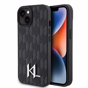 Karl Lagerfeld KLHCP15SPKLPKLK iPhone 15 / 14 / 13 6.1" juodas/juodas kietas dėklas Odinė monograma karštas štampas metalinė logotipas