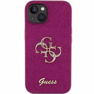 Guess Glitter Script Big 4G dėklas iPhone 15 - violetinis