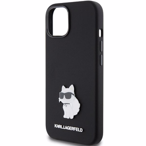 Karl Lagerfeld silikoninis Choupette Metal Pin dėklas telefonui iPhone 15 Plus / 14 Plus - juodas