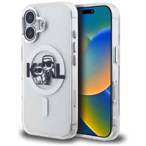 Karl Lagerfeld IML Glitter Karl & Choupette Sketch Logo MagSafe dėklas iPhone 16 - skaidrus