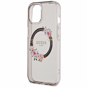 Guess IML Flowers Wreath MagSafe dėklas telefonui iPhone 15 / 14 / 13 - juodas