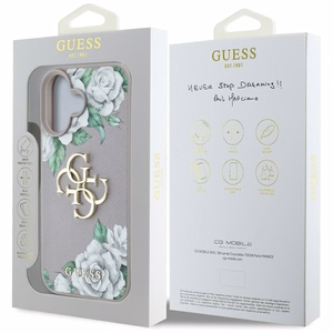 Guess Grained Roses Big 4G Logo dėklas telefonui iPhone 16 - violetinis