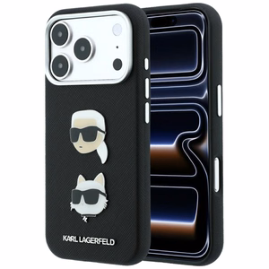Karl Lagerfeld Saffiano Karl & Choupette Heads Pins & Logo dėklas, skirtas iPhone 18 Pro / 17 Pro – juodas