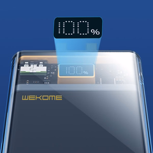 WEKOME WP-323 Vanguard Series išorinė baterija, 10000 mAh, PD 20 W + QC 22,5 W, su integruotais USB-C ir Lightning laidais, juoda ir skaidri