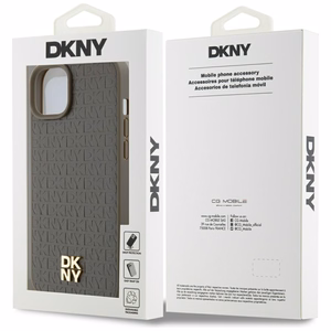DKNY Odinis raštas metalinis logotipas Magnetinis dėklas iPhone 15 / 14 / 13 - ruda