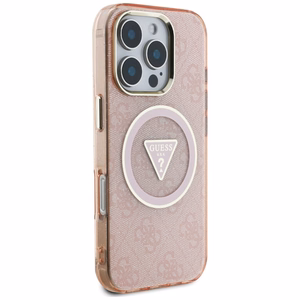 Guess IML Metal Glitter 4G Circle Triangle Magnetinis dėklas telefonui iPhone 16 Pro - rožinis