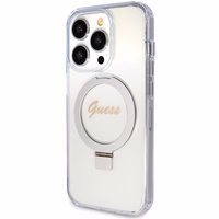 Guess GUHMP15XHRSGSD iPhone 15 Pro Max 6.7" skaidrus dėklas Ring Stand Script Glitter MagSafe