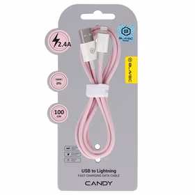 Blavec Kabelis Candy pintas - USB į Lightning - 2,4A 1 metras Apple CarPlay (CCA-UL24P10) rožinis