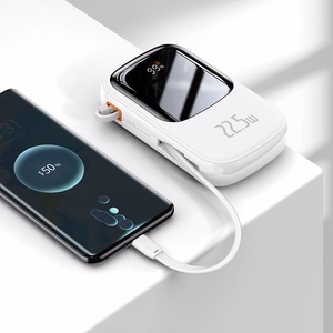 Baseus Qpow su skaitmenine indikacija išorinė baterija su greitu įkrovimu 20000mAh 22.5W QC/PD/SCP/FCP su įmontuotu USB-C kabeliu balta