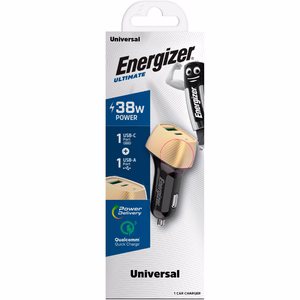 Energizer Ultimate D38BG car charger, USB-C + USB-A, 38 W PD + QC 3.0, gold and black