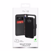 Puro dėklas telefonui su stovu iPhone 17 Air pagamintas iš ekologiškos odos, su atvartu, pinigine ir stovo funkcija - juodas
