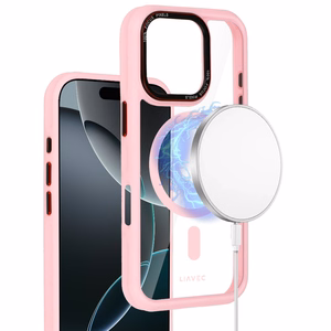 Liavec Hybrid Magsafe Skaidrus dėklas telefonui Iphone 16 Pro Max šviesiai rožinis