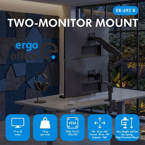 Ergo Office ER-692 B – dvigubas dujinės spyruoklės monitorių laikiklis 17–32 col. ekranams, po 1–10 kg, matinis juodas
