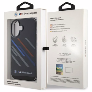BMW Motosport IML atsitiktinės juostos iPhone 16 Plus dėklas - juodas