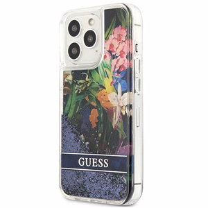 Guess gėlių skystas blizgučiai dėklas iPhone 13 Pro Max - mėlynas