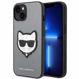 Karl Lagerfeld Saffiano Choupette Head Patch dėklas telefonui iPhone 14 Plus - sidabrinis