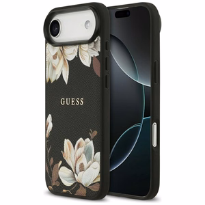 Guess Grained Flowers Classic Logo MagSafe dėklas iPhone Air - juodas (m)