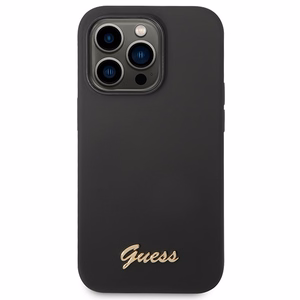 Guess Silikoninis Vintage Gold Logo iPhone 14 Pro dėklas - juodas