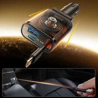 Joyroom JR-CCL07 3 viename automobilinis įkroviklis su įmontuotu ištraukiamu kabeliu - tamsiai pilkas