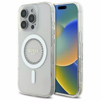 Guess IML Rhinestones magnetinis dėklas telefonui iPhone 16 Pro - baltas