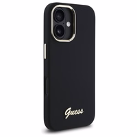 "Guess" silikoninis "iPhone 16 Plus" korpusas su metaliniu logotipu ir rėmeliu - juodas