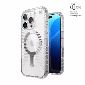 Speck Presidio Perfect-Clear Grip ClickLock & MagSafe dėklas, skirtas iPhone 16 Pro, skaidrus / chromo apdaila / „Serene Silver“