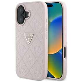Guess Hot Stamp 4G Pattern Triangle Metal Logo iPhone 16 dėklas - rožinė