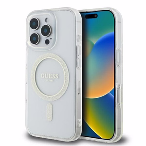 Guess GUHMP16LHFGERET iPhone 16 Pro 6.3" skaidrus kietas dėklas IML blizgus ratas Magnetinis