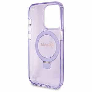 Guess Magnetinis dėklas telefonui su žiediniu stovu Script Glitter MagSafe iPhone 13 Pro Max - violetinė