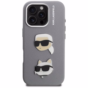 Karl Lagerfeld FW Grained Karl & Choupette Heads Pins Dėklas iPhone 16 Pro - pilkas