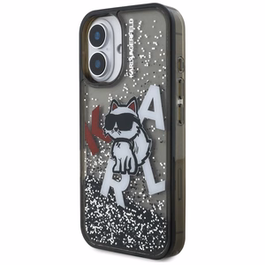 Karl Lagerfeld Liquid Glitter Choupette Logo iPhone 16 deklas - juodas