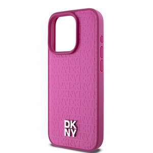 DKNY Odinis monogramos rašto metalinis logotipas Magnetinis dėklas iPhone 15 Pro - rožinė